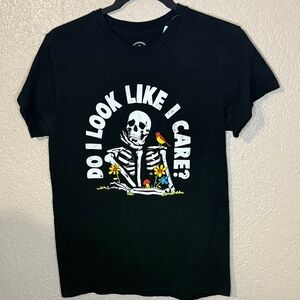 Edgy Black Tee with Skeleton and Floral Design